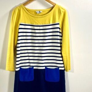 Boden Dress Womens US 6R Yellow Navy Blue Striped Pocket Long Sleeve Casual